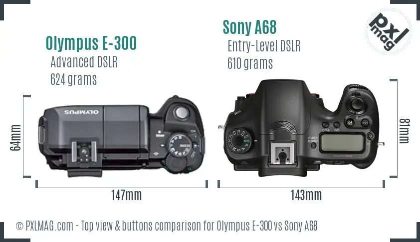 Olympus E-300 vs Sony A68 top view buttons comparison