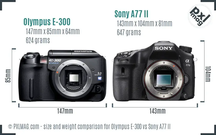 Olympus E-300 vs Sony A77 II size comparison