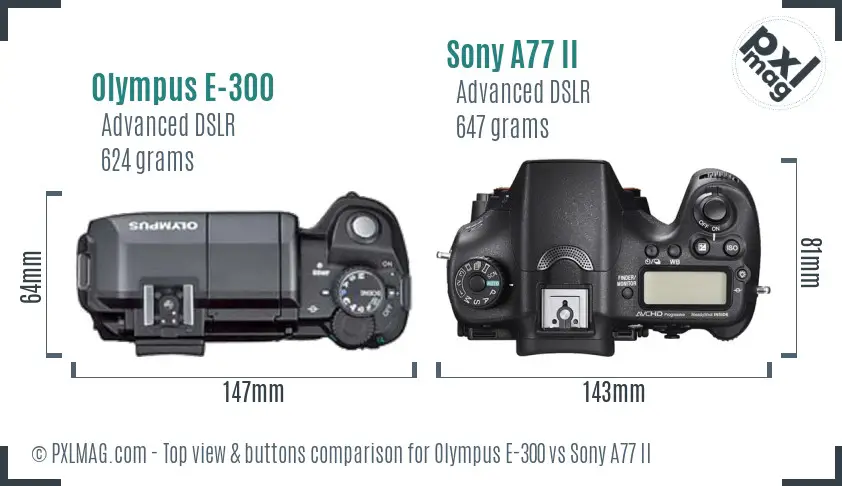 Olympus E-300 vs Sony A77 II top view buttons comparison