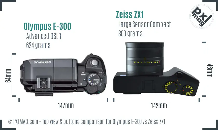 Olympus E-300 vs Zeiss ZX1 top view buttons comparison