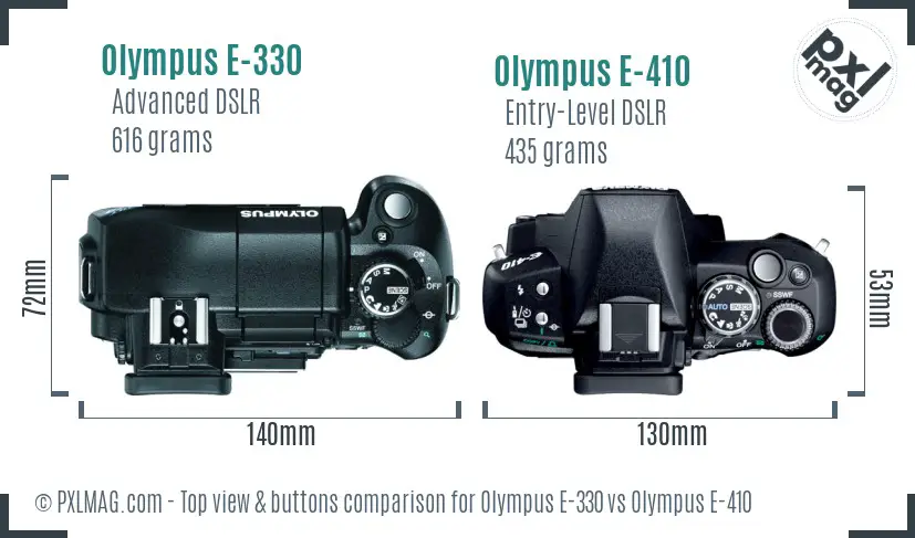 Olympus E-330 vs Olympus E-410 top view buttons comparison