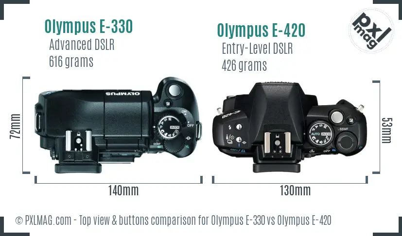 Olympus E-330 vs Olympus E-420 top view buttons comparison