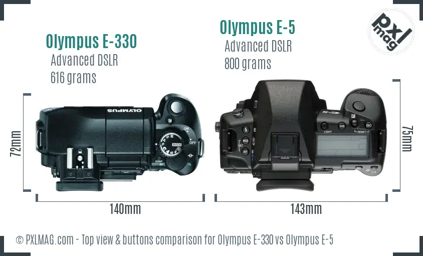 Olympus E-330 vs Olympus E-5 top view buttons comparison