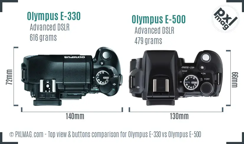 Olympus E-330 vs Olympus E-500 top view buttons comparison