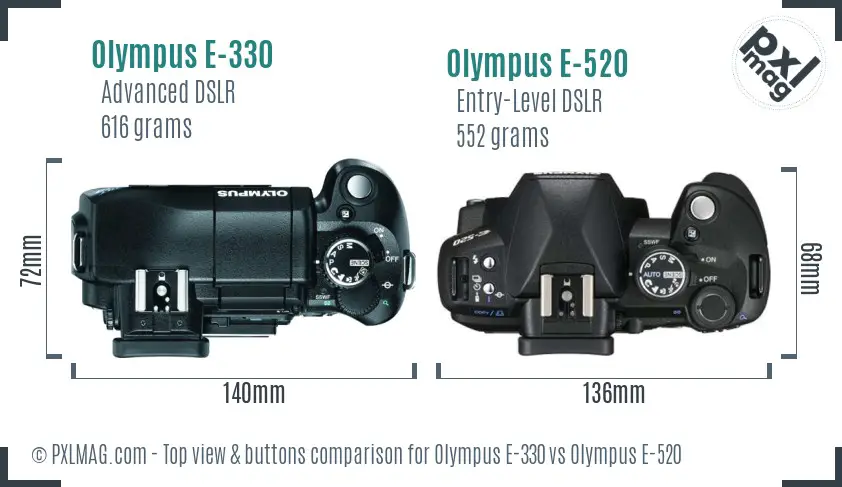 Olympus E-330 vs Olympus E-520 top view buttons comparison