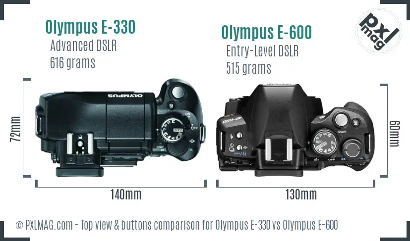 Olympus E-330 vs Olympus E-600 top view buttons comparison