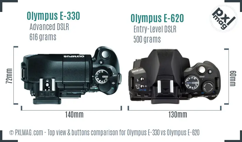 Olympus E-330 vs Olympus E-620 top view buttons comparison