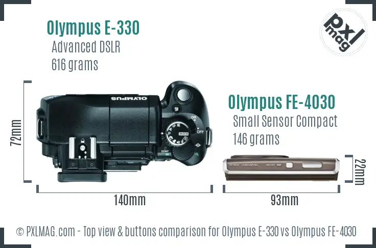 Olympus E-330 vs Olympus FE-4030 top view buttons comparison