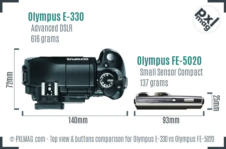 Olympus E-330 vs Olympus FE-5020 top view buttons comparison
