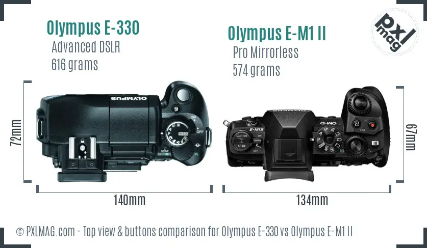 Olympus E-330 vs Olympus E-M1 II top view buttons comparison