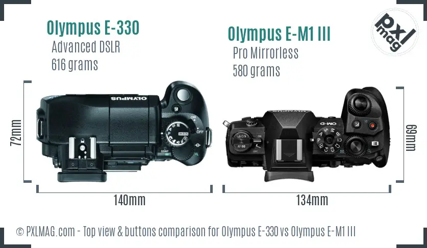Olympus E-330 vs Olympus E-M1 III top view buttons comparison