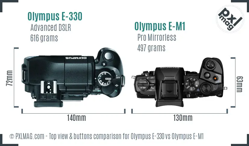Olympus E-330 vs Olympus E-M1 top view buttons comparison