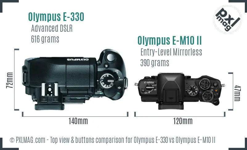 Olympus E-330 vs Olympus E-M10 II top view buttons comparison
