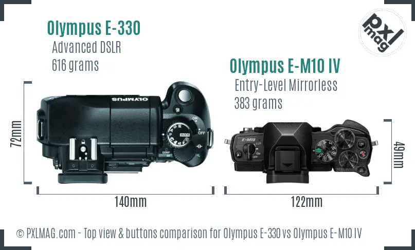 Olympus E-330 vs Olympus E-M10 IV top view buttons comparison