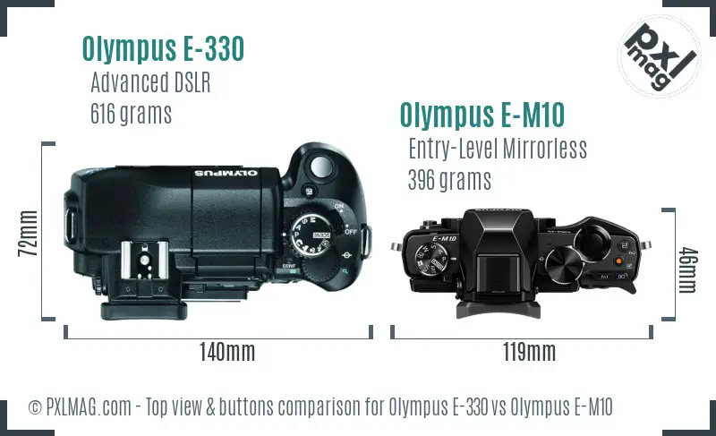 Olympus E-330 vs Olympus E-M10 top view buttons comparison
