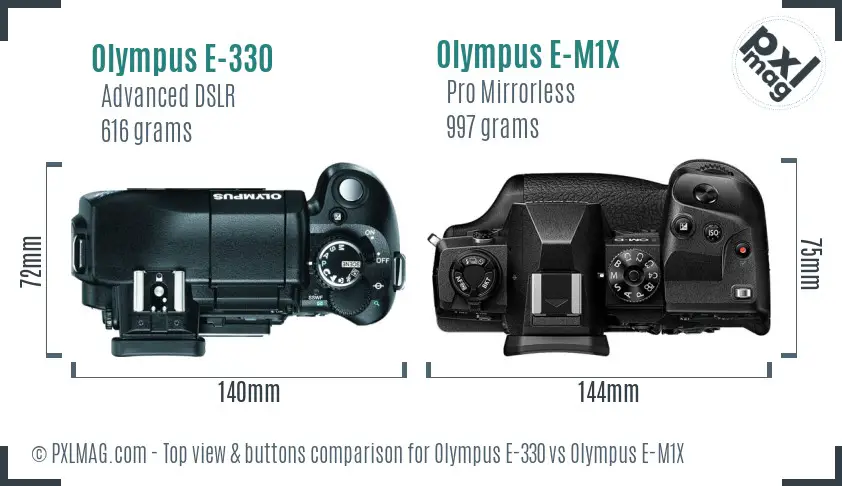 Olympus E-330 vs Olympus E-M1X top view buttons comparison