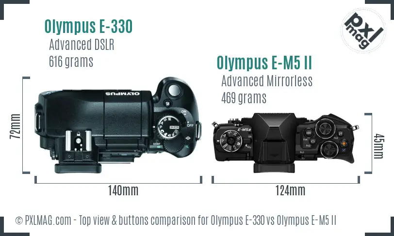 Olympus E-330 vs Olympus E-M5 II top view buttons comparison