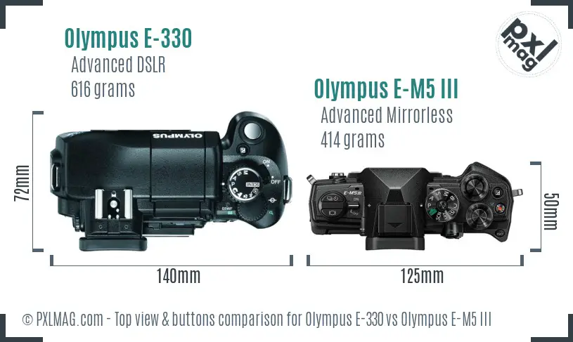 Olympus E-330 vs Olympus E-M5 III top view buttons comparison