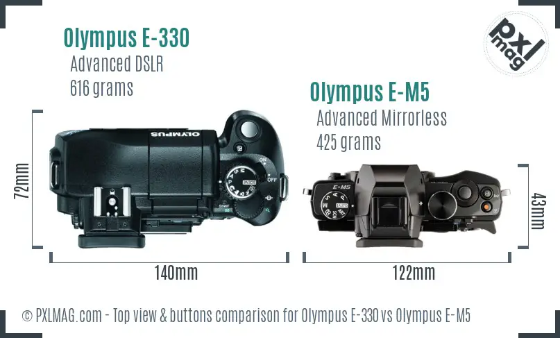 Olympus E-330 vs Olympus E-M5 top view buttons comparison
