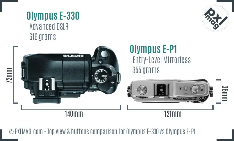Olympus E-330 vs Olympus E-P1 top view buttons comparison