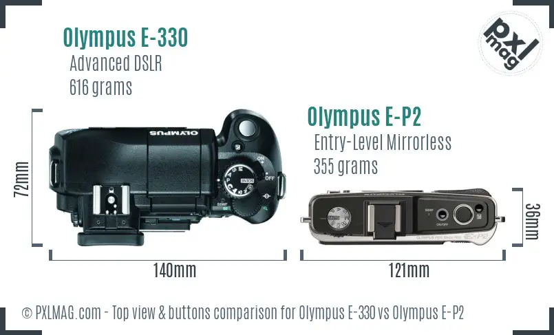 Olympus E-330 vs Olympus E-P2 top view buttons comparison