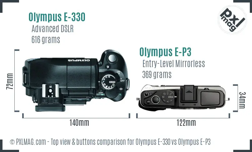 Olympus E-330 vs Olympus E-P3 top view buttons comparison