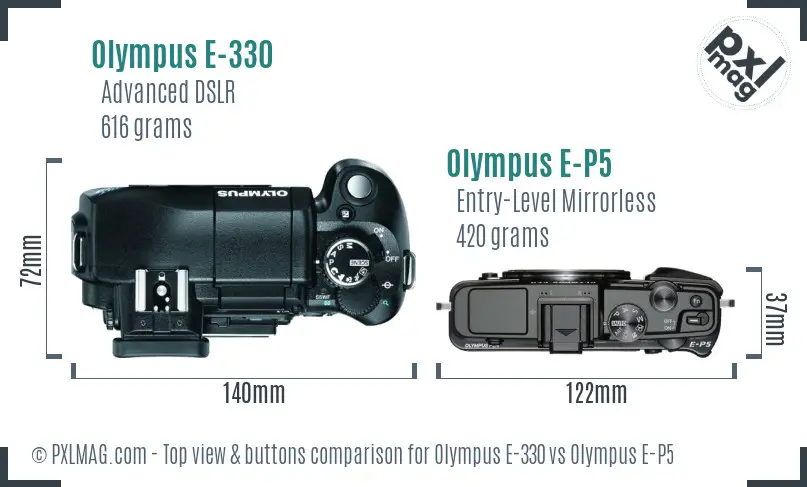 Olympus E-330 vs Olympus E-P5 top view buttons comparison