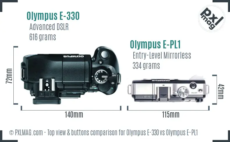 Olympus E-330 vs Olympus E-PL1 top view buttons comparison