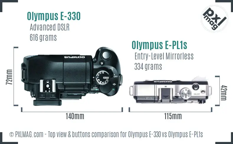 Olympus E-330 vs Olympus E-PL1s top view buttons comparison