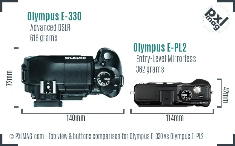 Olympus E-330 vs Olympus E-PL2 top view buttons comparison