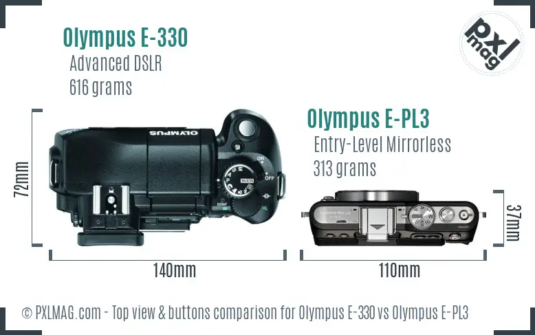 Olympus E-330 vs Olympus E-PL3 top view buttons comparison