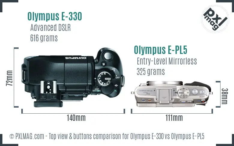 Olympus E-330 vs Olympus E-PL5 top view buttons comparison