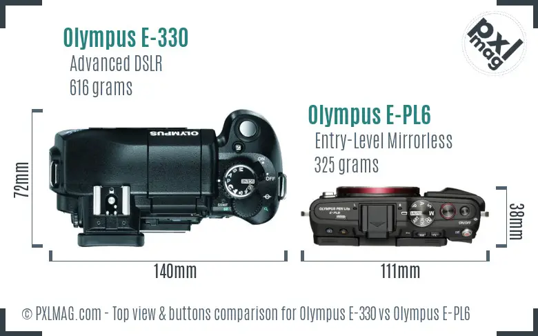 Olympus E-330 vs Olympus E-PL6 top view buttons comparison