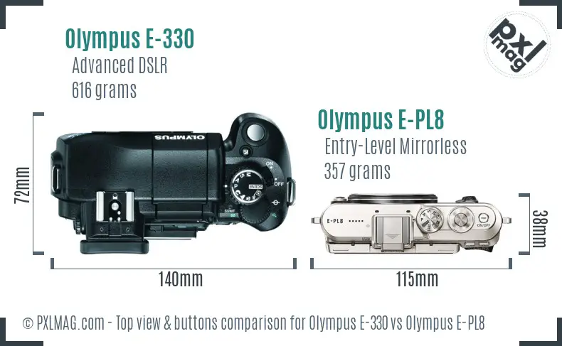 Olympus E-330 vs Olympus E-PL8 top view buttons comparison