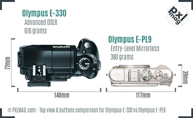 Olympus E-330 vs Olympus E-PL9 top view buttons comparison