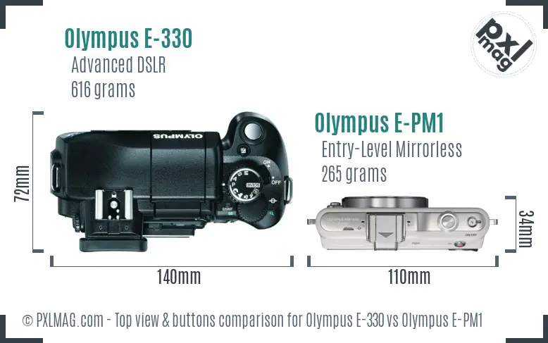 Olympus E-330 vs Olympus E-PM1 top view buttons comparison