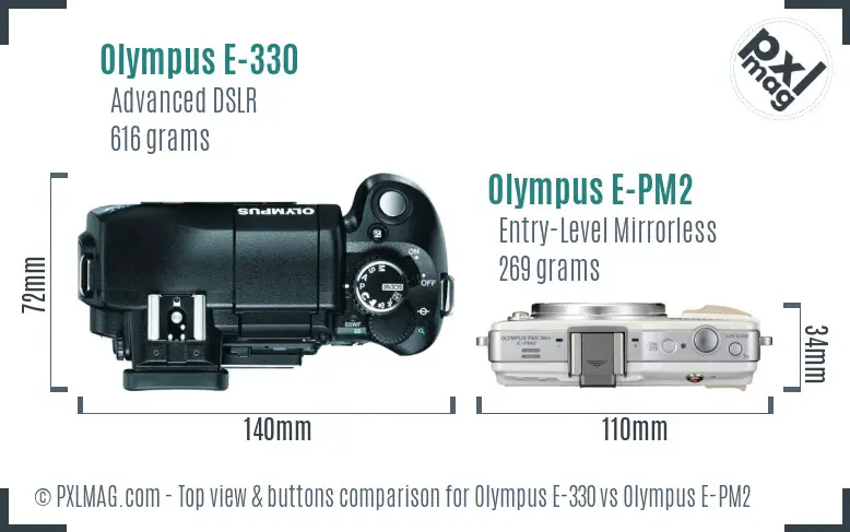 Olympus E-330 vs Olympus E-PM2 top view buttons comparison
