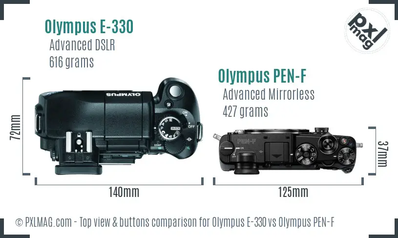 Olympus E-330 vs Olympus PEN-F top view buttons comparison