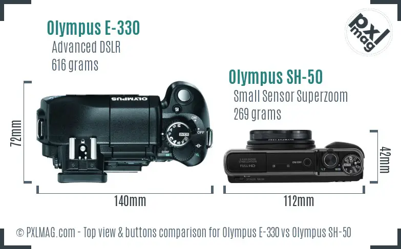Olympus E-330 vs Olympus SH-50 top view buttons comparison