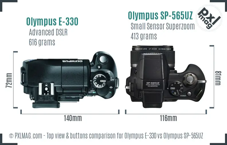Olympus E-330 vs Olympus SP-565UZ top view buttons comparison