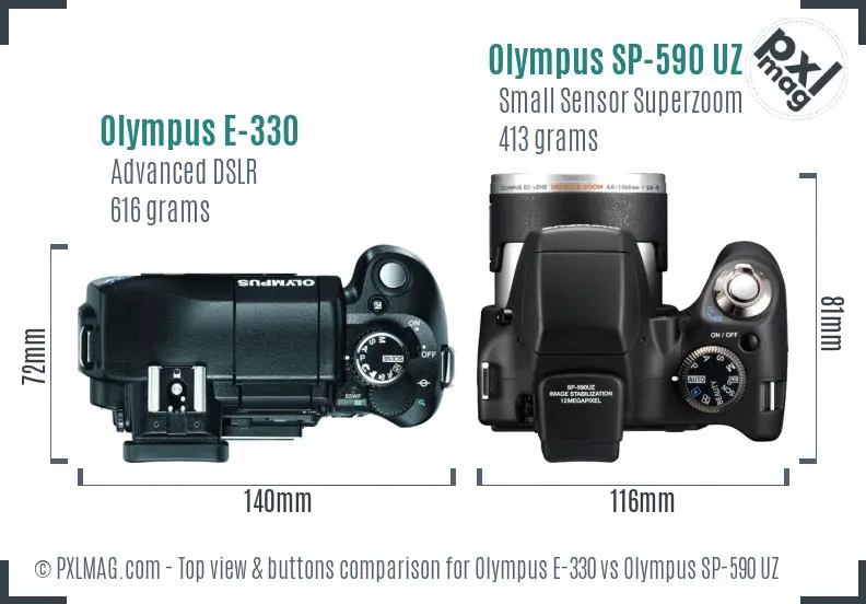 Olympus E-330 vs Olympus SP-590 UZ top view buttons comparison