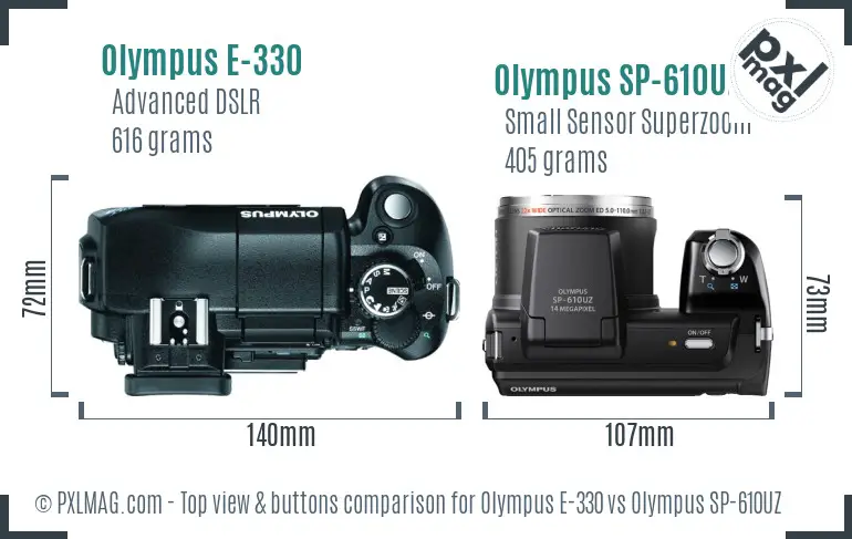 Olympus E-330 vs Olympus SP-610UZ top view buttons comparison