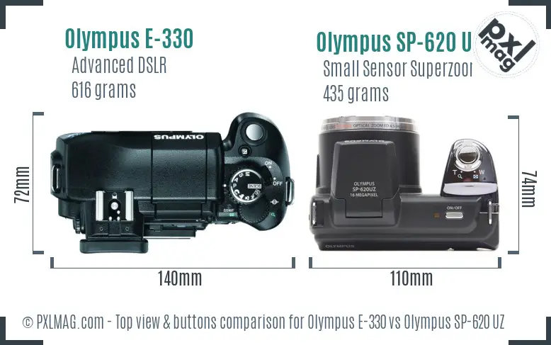 Olympus E-330 vs Olympus SP-620 UZ top view buttons comparison