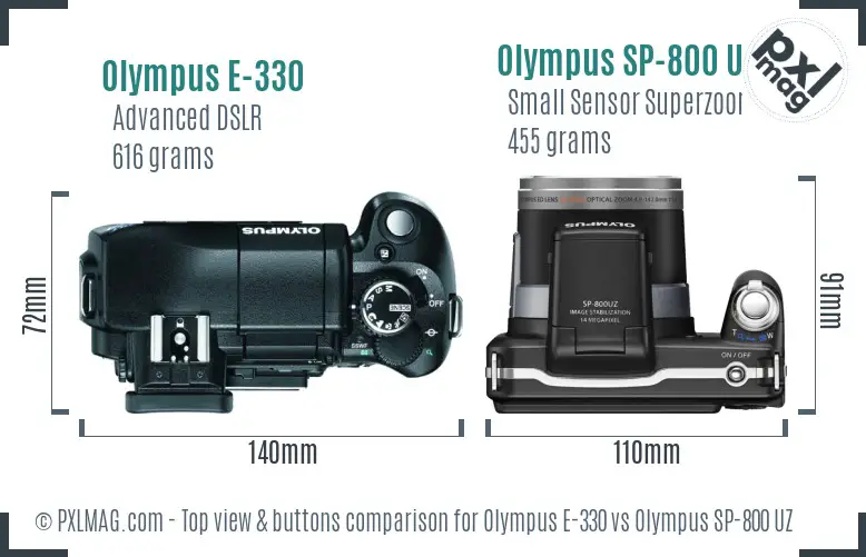 Olympus E-330 vs Olympus SP-800 UZ top view buttons comparison