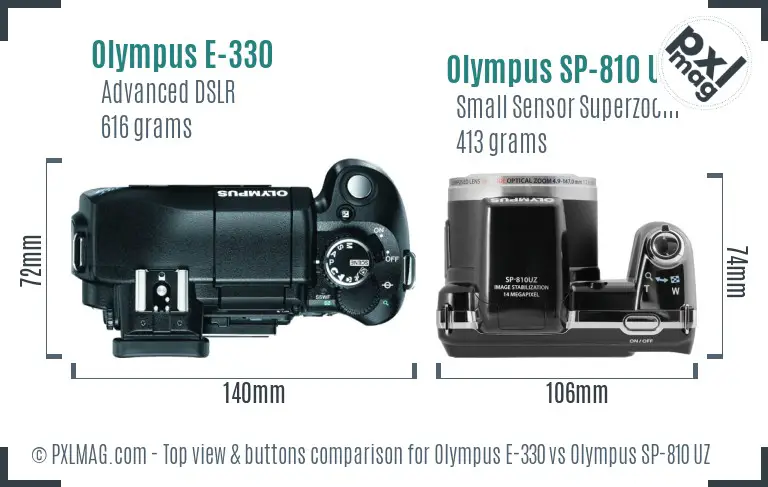 Olympus E-330 vs Olympus SP-810 UZ top view buttons comparison