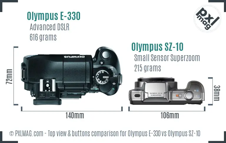 Olympus E-330 vs Olympus SZ-10 top view buttons comparison