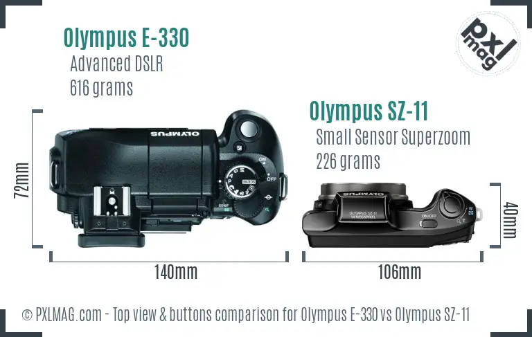 Olympus E-330 vs Olympus SZ-11 top view buttons comparison
