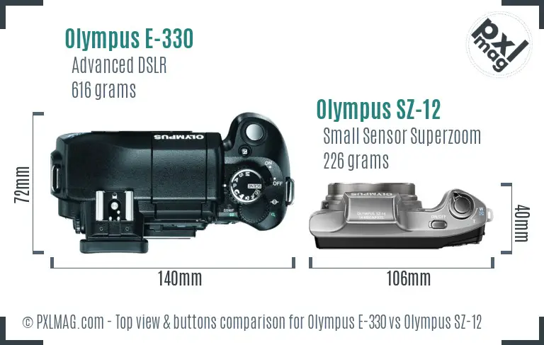 Olympus E-330 vs Olympus SZ-12 top view buttons comparison