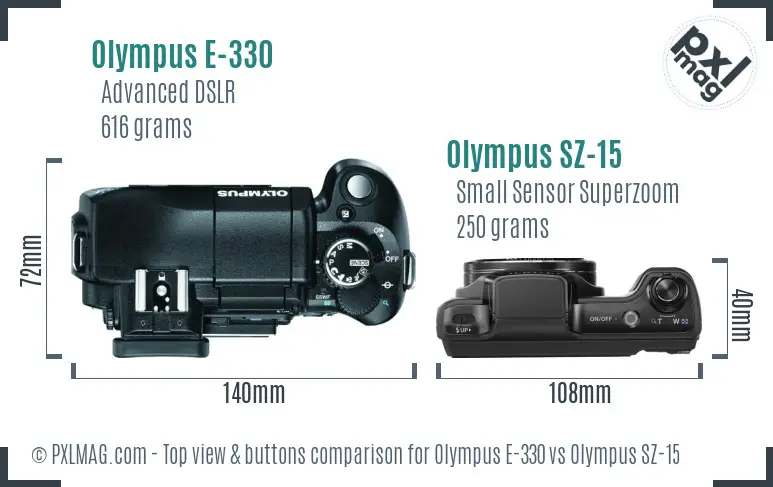 Olympus E-330 vs Olympus SZ-15 top view buttons comparison