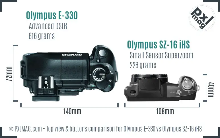 Olympus E-330 vs Olympus SZ-16 iHS top view buttons comparison